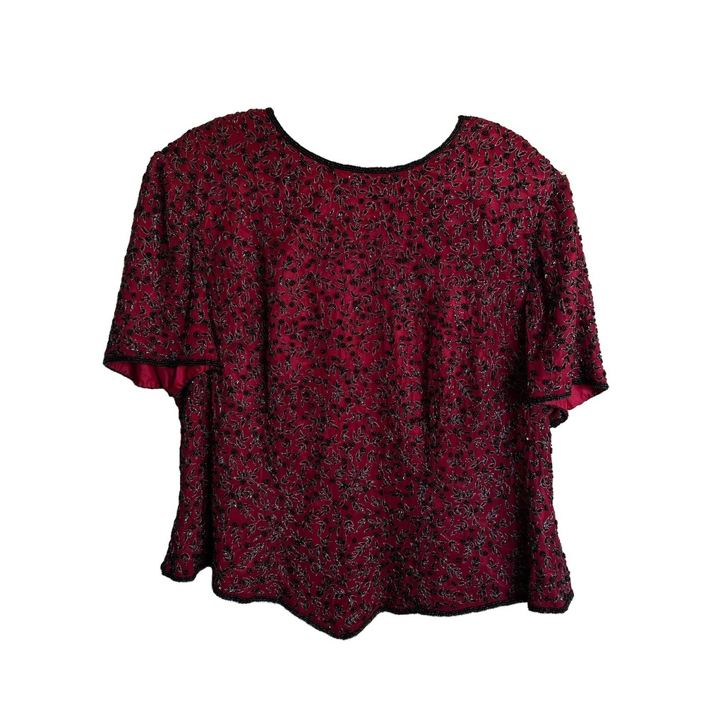 Vtg Papell Boutique Evening Silk Beaded Top Floral Scalloped Hem Black Plus 2X